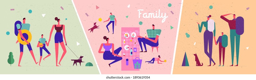Family and vacation. Set of illustrations, family vacation, family spending time together, lunch, picnic, vacation and active activities.
