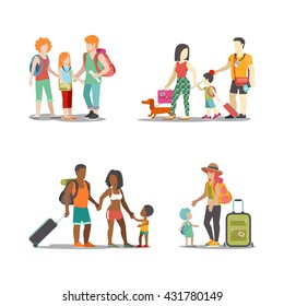 Family vacation set. Man woman children going have fun interesting holidays illustration. Travelling tourism life style collection.