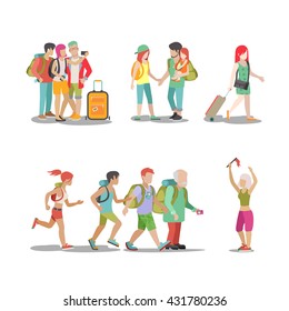 Family vacation set. Man woman children going have fun interesting holidays illustration. Travelling tourism life style collection.