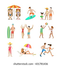 Family vacation set. Man woman children going have fun interesting holidays illustration. Travelling tourism life style collection.