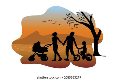 family vacation silhouette illustration design on the beach before sunset. vector background