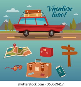 Family Vacation Time. Active Summer Holidays by Car. Vector illustration