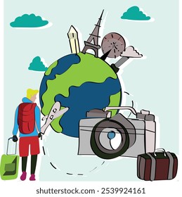 Family Vacation, Traveller with luggage flat character concept for web design. Happy man with suitcases going on vacation travel, modern people scene. Vector illustration for social media promotional 