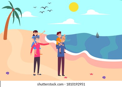 Family vacation vector concept: grandparents and grandchild standing together in the beach