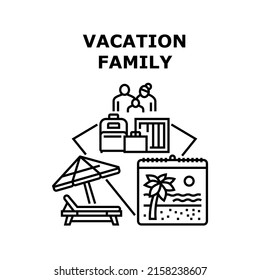 Family Vacation Vector Icon Concept. Family Vacation On Tropical Seashore, Parents And Children Enjoying Holiday Trip And Resting On Beach Deck Chair. Enjoyment Journey Black Illustration