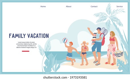 Family vacation website banner template with happy family on the beach, flat vector illustration. Family summer vacation web page or landing page interface for  travel agency or resort.