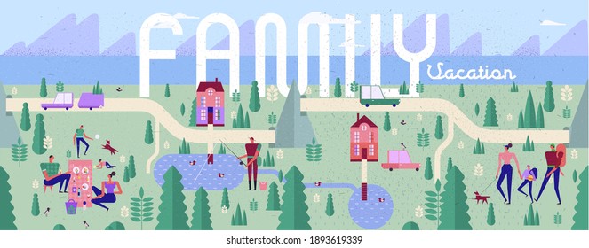 Family and vacation. Wide, panoramic vector illustration. Nature and family vacation in the country. Fishing and nature walks.