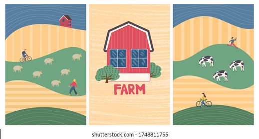 Family vacations farm, farmhouse, rural landscape, animals - cow, sheep.  Nature, ecology, organic, environment banners. Cartoon vector illustration in flat style