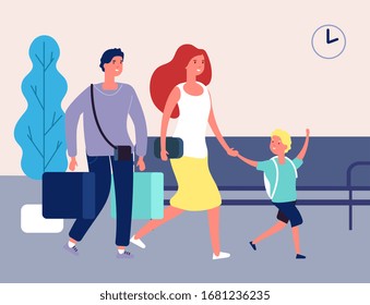 Family vacations. People in airport, bus train station. International terminal woman man and kid with suitcases vector illustration