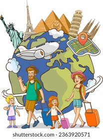 family vacations travel vector illustration.Plane flying over the world isolated on white background. Travel concept. Vector stock