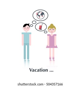 Family vacation.Vector people icon,pictogram.Concept of vacation planning, family,travel,male,female,speech bubble,earth, pin, suitcase on wheels,red, over white and text Vacation