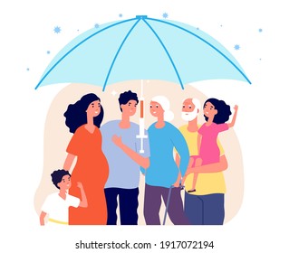 Family vaccinate. Vaccination concept, innovation virus protection vaccine. Happy parents, grandparent treatment and safety health vector illustration