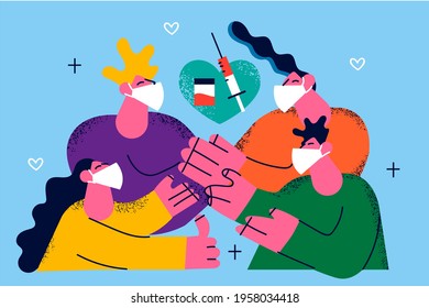 Family Vaccination against covid-19 concept design. Family in medical protective masks getting vaccination injection and feeling confident and secure vector illustration 