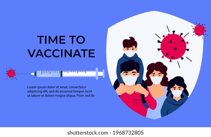 Family Vaccination banner. Time to vaccinate. Syringe with vaccine for coronavirus COVID-19. Immunization campaign concept. Father and mother with children in protective masks