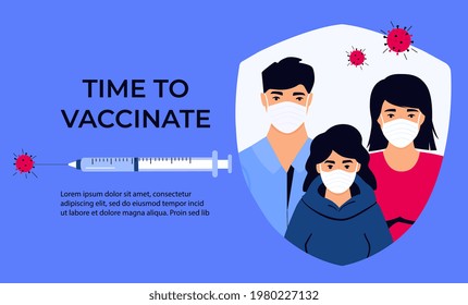 Family Vaccination banner. Time to vaccinate. Syringe with vaccine for coronavirus COVID-19. Immunization campaign concept. Father and mother with daughter in protective masks.