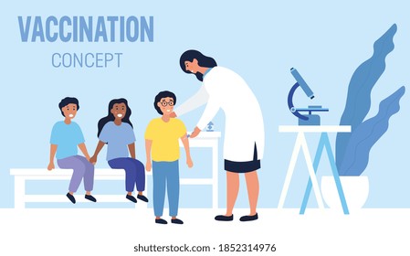 Family vaccination concept against infectious diseases with a young boy and his parents in the doctors surgery, colored flat cartoon vector illustration with fictional characters