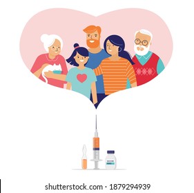 Family Vaccination concept design. Time to vaccinate banner. Doctor or nurse, scientist giving patient vaccine, COVID-19, flu or influenza