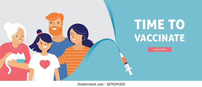 Family Vaccination concept design. Time to vaccinate banner - syringe with vaccine for COVID-19, flu or influenza and a family