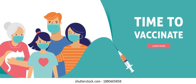 Family Vaccination concept design. Time to vaccinate banner - syringe with vaccine for COVID-19, flu or influenza and a family