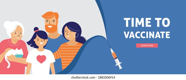 Family Vaccination concept design. Time to vaccinate banner - syringe with vaccine for COVID-19, flu or influenza and a family