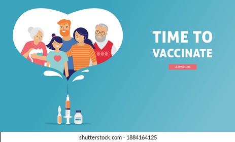 Family Vaccination concept design. Time to vaccinate banner - syringe with vaccine for COVID-19, flu or influenza and a family