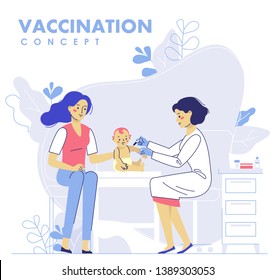 Family vaccination concept for immunity health. Doctor pediatrician makes an injection of flu vaccine to a baby in hospital.  Healthcare, medical treatment, prevention and immunize.