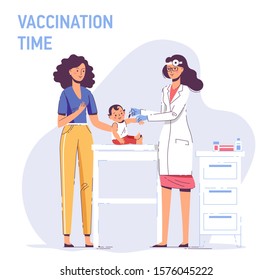 Family vaccination concept for immunity health. Doctor pediatrician makes an injection of flu vaccine to a baby in hospital.  Healthcare, medical treatment, prevention and immunize.