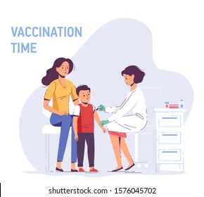 Family vaccination concept for immunity health. Doctor pediatrician makes an injection of flu vaccine to a child in hospital.  Healthcare, medical treatment, prevention and immunize.