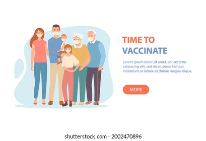 Family vaccination concept, parents, children, grandparents in masks.