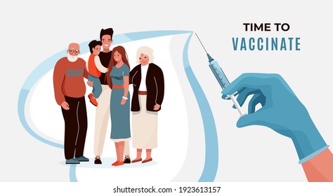 Family vaccination concept vector banner. Household with elderly and child hugging each other in heart shape background. Nurses hand holds syringe with vaccine.