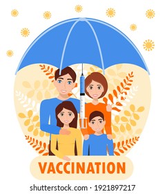 Family vaccination concept vector. Time to vaccinate adults and children to protect against virus, flu or measles. Big umbrella with syringe saves family. 
