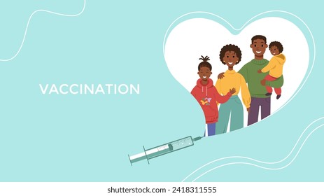 Family vaccination.Medical banner with copy space.Mom and dad with children in heart.Medical syringe for injection.Vector stock illustration.