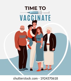 Family vaccine, safety concept vector poster background. Time to vaccinate text. Household with elderly and child hugging each other. Line in heart shape. Syringe with protect from diseases.