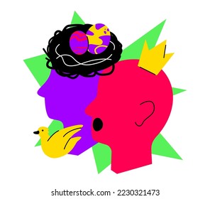 Family values - colorful flat design style illustration with linear elements. Colored composition with head with a nest, the head of the family in crown, flying bird as symbol of growing up