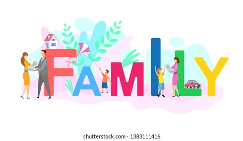 Family Values Flat Colorful Word Concept Banner. Joyful People with Kids Cartoon Characters. Married Couple Holding Baby, Young Mother with Infant. Childcare, Parenting Vector Illustration