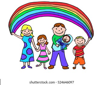 Family values. Happy family under the rainbow.