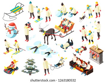 Family in various activity during winter holidays set of isometric icons isolated vector illustration