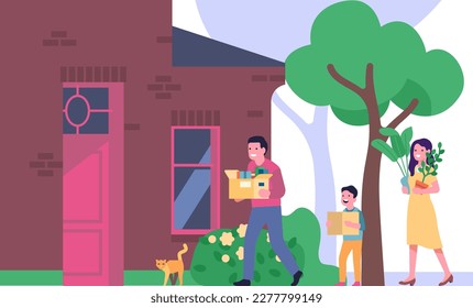 Family with various boxes moves into new big house. Parents and kid carrying stuff. Residential building exterior. People relocation. Happy couple and son in home yard
