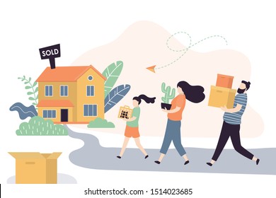 Family With Various Boxes Moving Home Concept Background. People Making A Move A New Home.Big New House On Background. Real Estate Banner. Trendy Style Vector Illustration