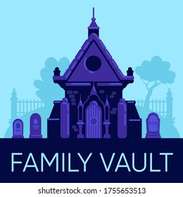 Family vault social media post mockup. Web banner design template. Old stone crypt in cemetery. Booster, content layout with inscription. Poster, print ads and flat illustration