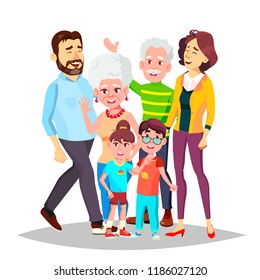 Family Vector. Cheerful. Mom, Dad, Children, Grandparents Together. Banner, Flyer, Brochure Design. Isolated Cartoon Illustration
