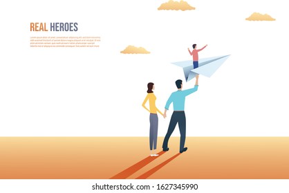 Family vector concept with parents and child on paper plane. Symbol of future, hope and happiness in being together. Eps10 illustration.