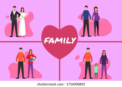 Family-Vektorkonzept-Set: Familienleben von der Hochzeit bis zum Kleinkind