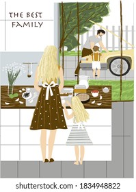 
Family. Vector cute illustration with dad mom and kids in the kitchen for print, design, postcard, poster.