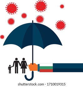 Family vector flat illustration during Coronavirus Covid-19. Coronavirus infection control. Bacteria in the air. Immune system protectio, support. 
Bulgaria government protection with umbrella. 