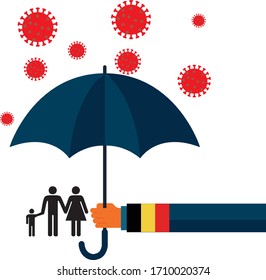 Family vector flat illustration during Coronavirus Covid-19. Coronavirus infection control. Bacteria in the air. Immune system protectio, support. 
Belgium government protection with umbrella. 