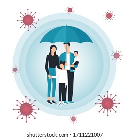 Family vector flat illustration during Coronavirus Covid-19. Coronavirus infection control. Bacteria in the air. Immune system protection, boost, boosters, support. Protection with umbrella