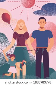 Family Vector Flat Illustration. Parents and baby outdoors. Vector Pointillism.