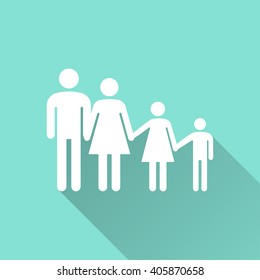 Family   vector icon with long shadow. White illustration isolated on green background for graphic and web design.  