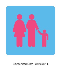 Family vector icon. Style is flat rounded square button, pink and blue colors, white background.